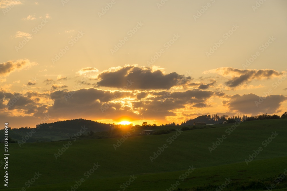 Obraz premium Sunset on meadow with hills and tree. Slovakia