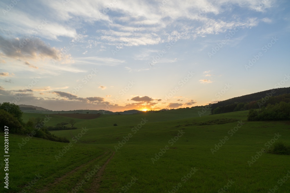 Sunset on meadow with hills and tree. Slovakia