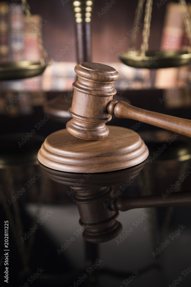 Law and justice concept, wooden gavel, mirror reflection background Law and justice concept, wooden gavel, mirror reflection background