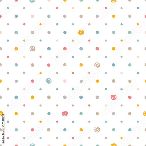 Colorful polka dots on white background. Seamless pattern.