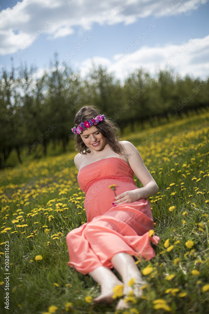 Fototapeta premium Meadow, Young beautiful pregnant woman
