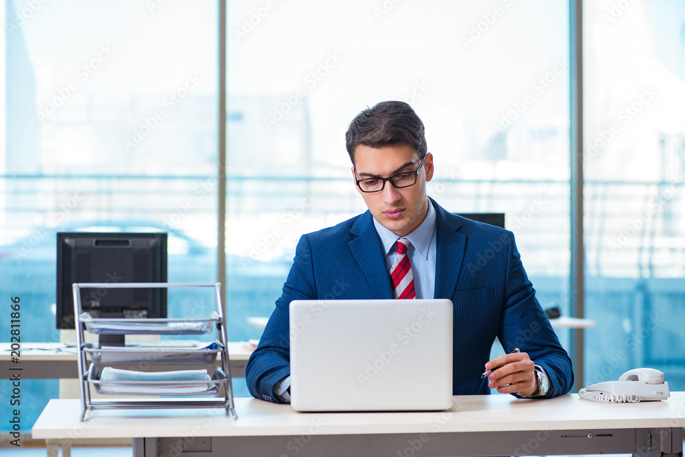 Young handsome businessman employee working in office at desk Young handsome businessman employee working in office at desk