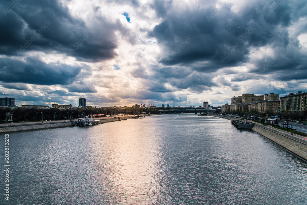 Beautiful view of Moscow river in the evening