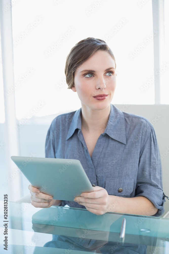 Gorgeous businesswoman holding her tablet while sitting at her desk Gorgeous businesswoman holding her tablet while sitting at her desk
