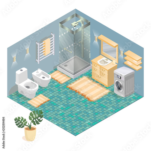 Bathroom items and furniture isometric icon set.