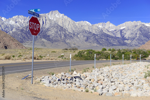Whitney Portal road sign to California 14er and state high point Mount Whitney, near the Alabama Hills, Eastern Sierra, Sierra Nevada Mountains in Lone Pine