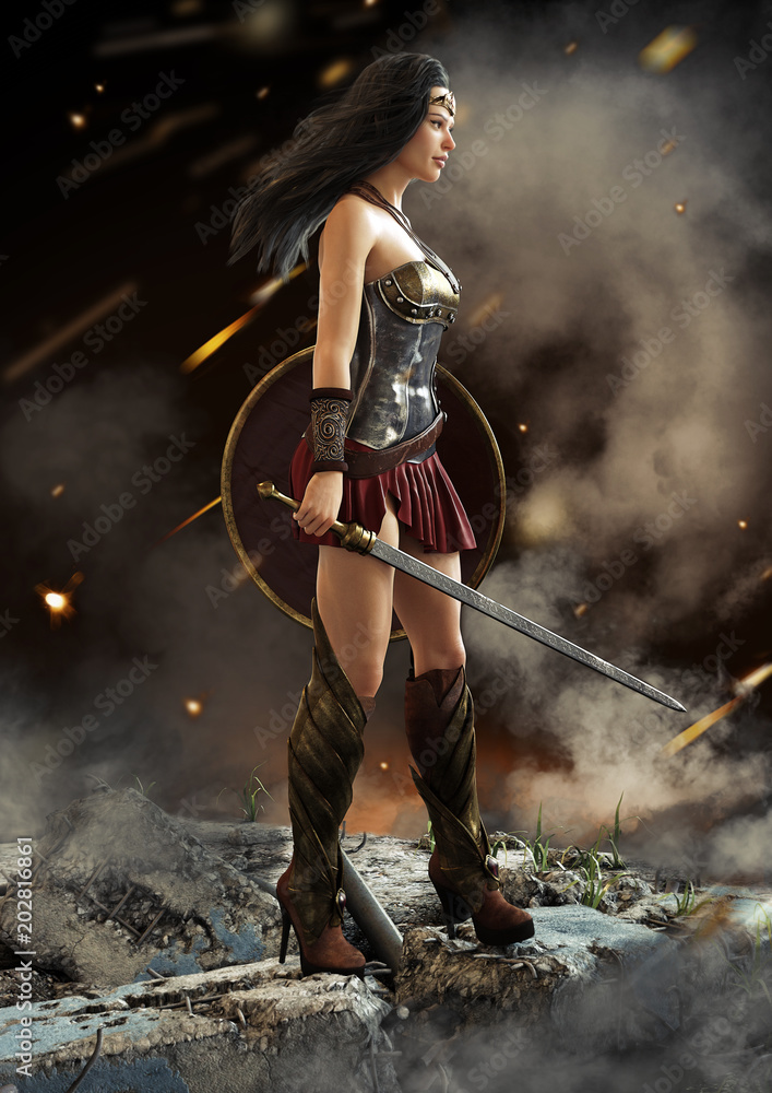 Female warrior looking on after a battle with sword and shield in hand . Fantasy 3d rendering.