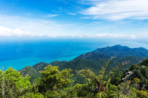 Beautiful view of tropical island Langkawi in Malaysia, covered with tropical forest.