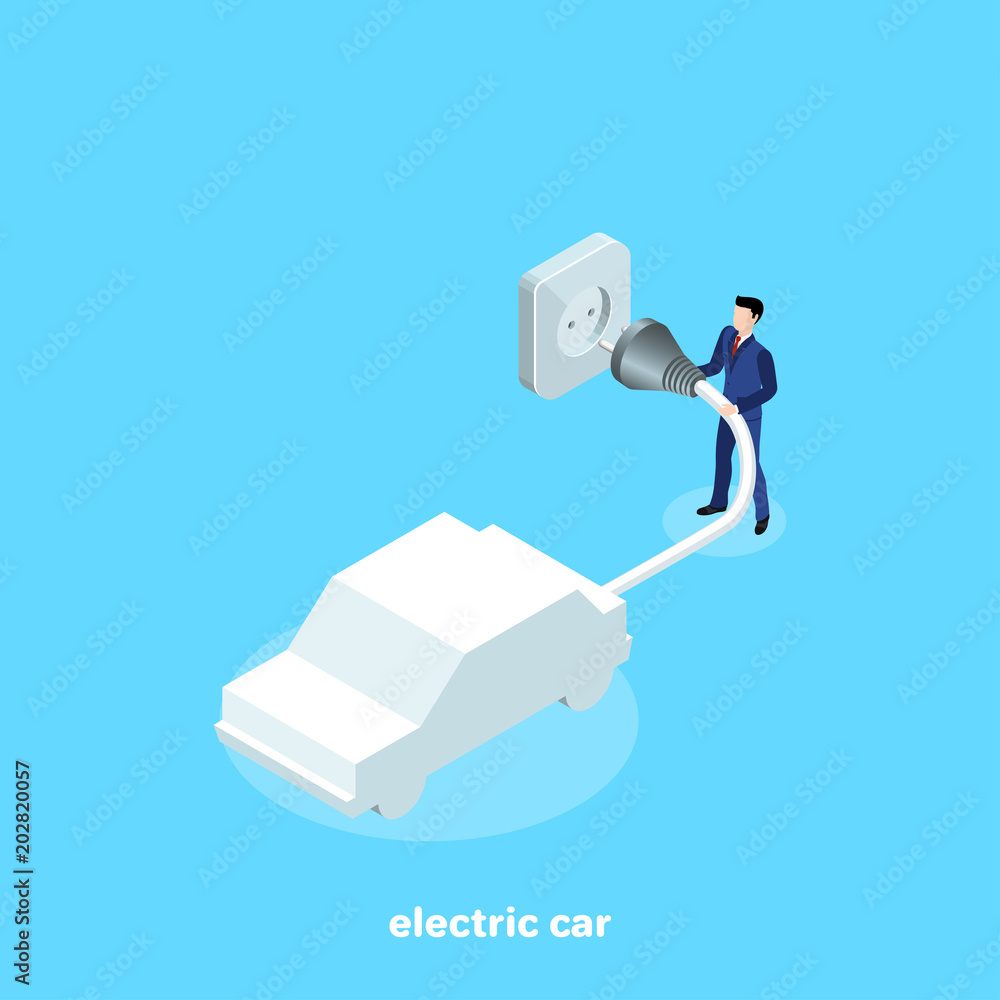 Εκτύπωση καμβά a man in a business suit connects the car to an electrical outlet for recharging