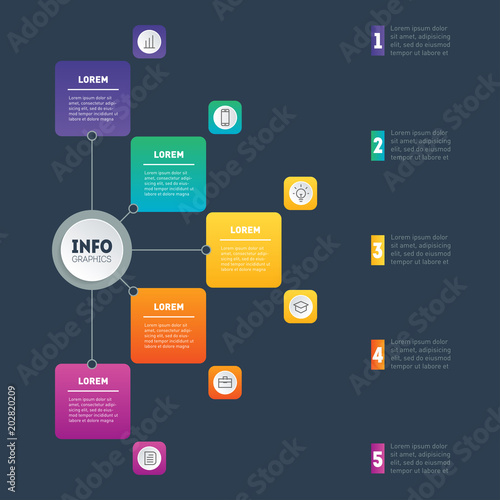 Business presentation or infographic with 5 options. Example of a chart, mindmap or diagram with 5 steps. Vector infographics or mind map of technology or education process. Annual report.