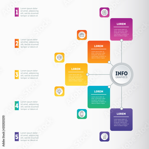 Business presentation or infographic with 5 options. Annual report. Example of a chart, mindmap or diagram with 5 steps. Vector infographics or mind map of technology or education process.