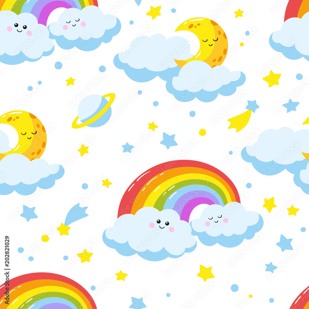 Seamless pattern with cute cartoon clouds, crescents and rainbows.