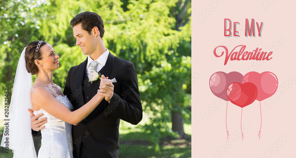 Couple dancing on wedding day against cute valentines message Couple dancing on wedding day against cute valentines message