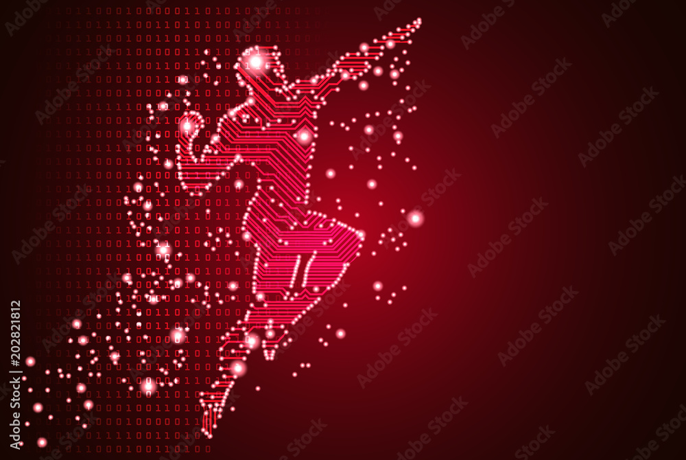 Big data and artificial intelligence concept. Machine learning and cyber mind domination concept in form of men flying figure outline with circuit board and binary data flow on red background. Big data and artificial intelligence concept. Machine learning and cyber mind domination concept in form of men flying figure outline with circuit board and binary data flow on red background.