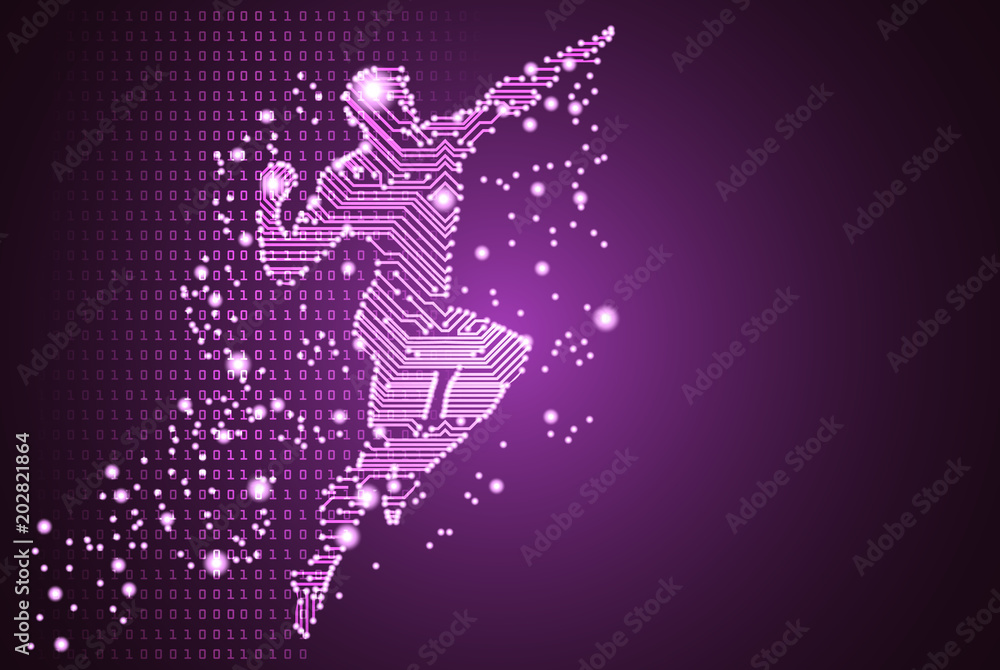 Big data and artificial intelligence concept. Machine learning and cyber mind domination concept in form of men flying figure outline with circuit board and binary data flow on purple background. Big data and artificial intelligence concept. Machine learning and cyber mind domination concept in form of men flying figure outline with circuit board and binary data flow on purple background.