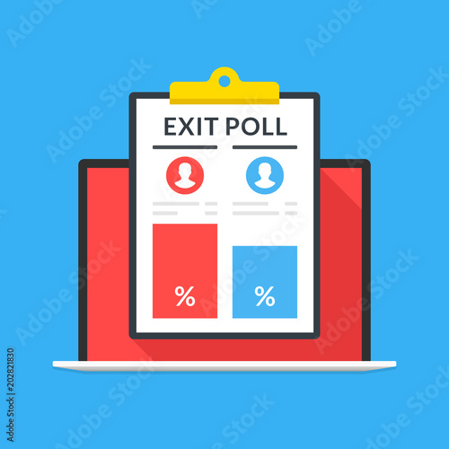 Exit poll results on laptop screen. Notebook and clipboard with exit poll data. Modern flat design graphic elements. Vector illustration