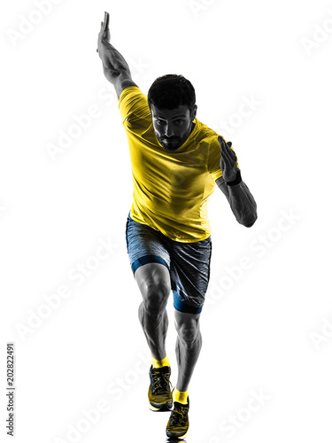 one caucasian man runner running jogging jogger silhouette isolated on white background © snaptitude