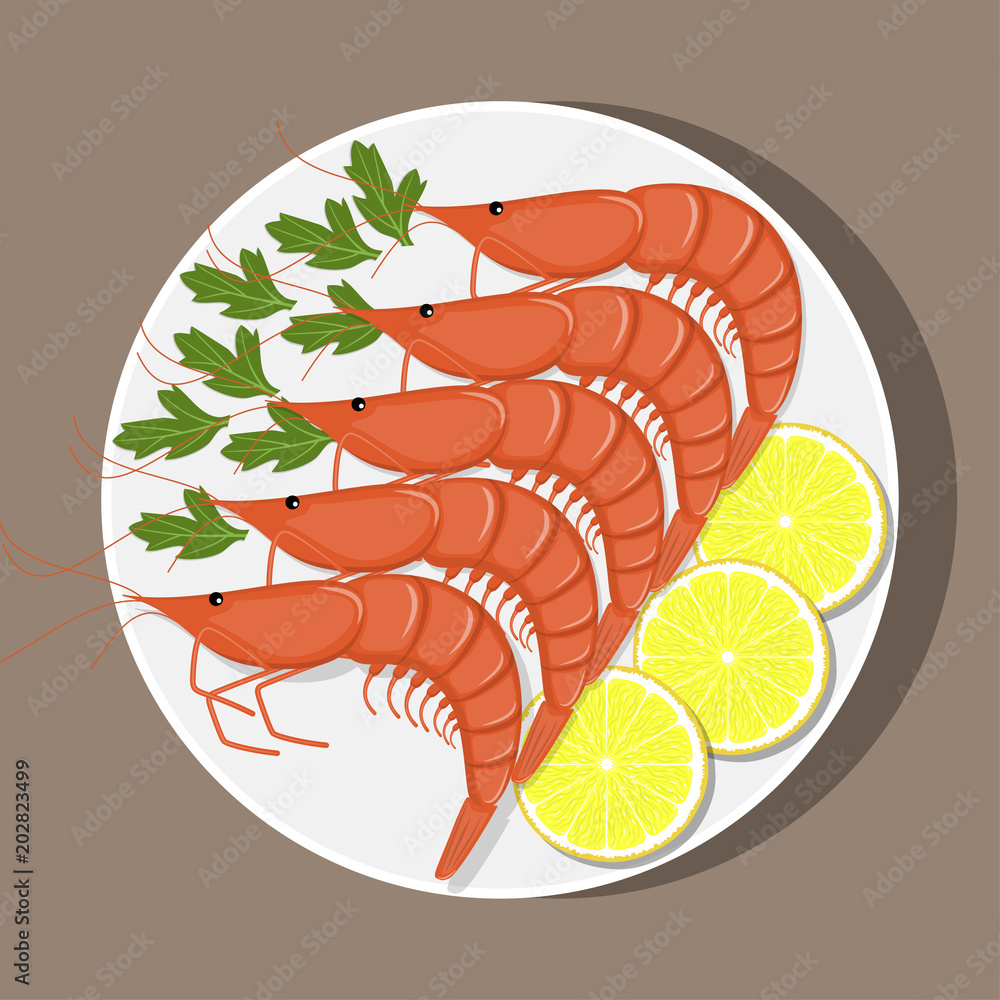 Shrimps with lemon and herbs on white plate, top view. Seafood. Vector illustration in flat style. Shrimps with lemon and herbs on white plate, top view. Seafood. Vector illustration in flat style.