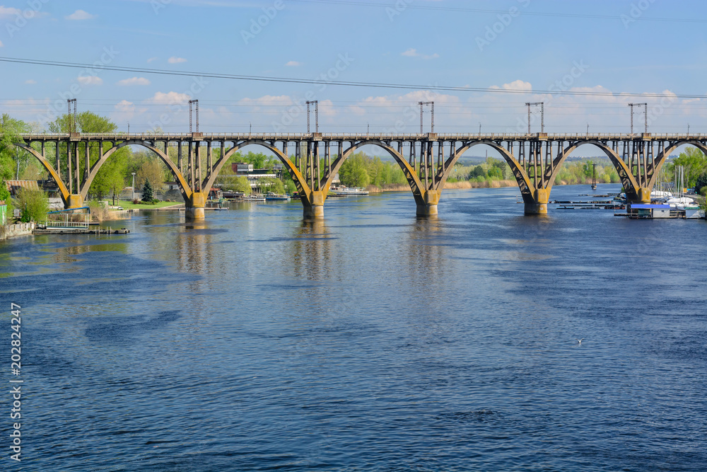 Merefa-Kherson bridge across the Dnieper River. Dnippro river.