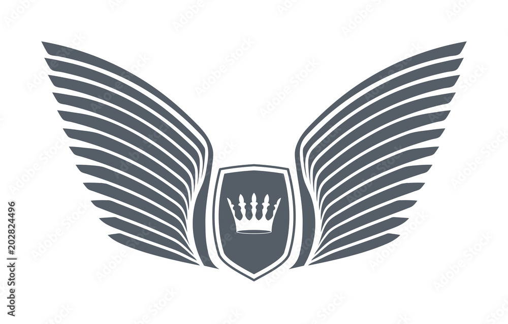 Pair of stylish decorative vector wings with shields and crown.