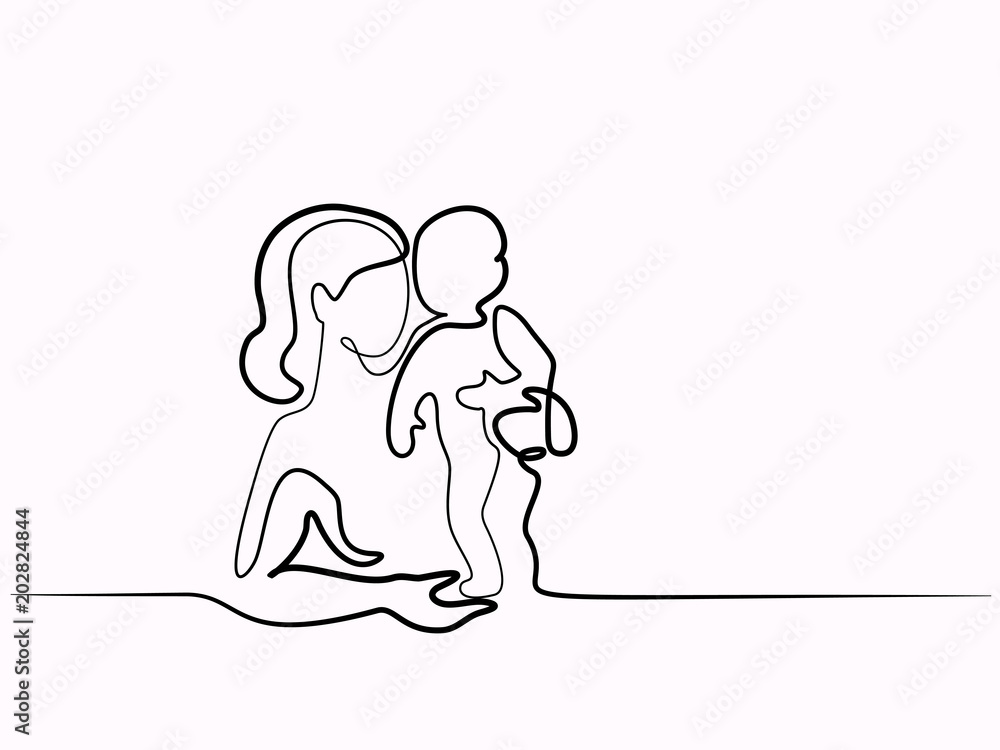 Logo with mother holding her baby. Continuous line drawing vector illustration. Concept for logo, card, banner, poster, flyer Logo with mother holding her baby. Continuous line drawing vector illustration. Concept for logo, card, banner, poster, flyer