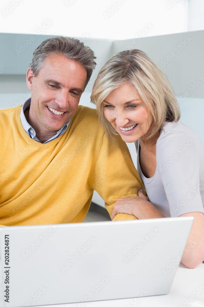 Happy casual couple using laptop in kitchen Happy casual couple using laptop in kitchen
