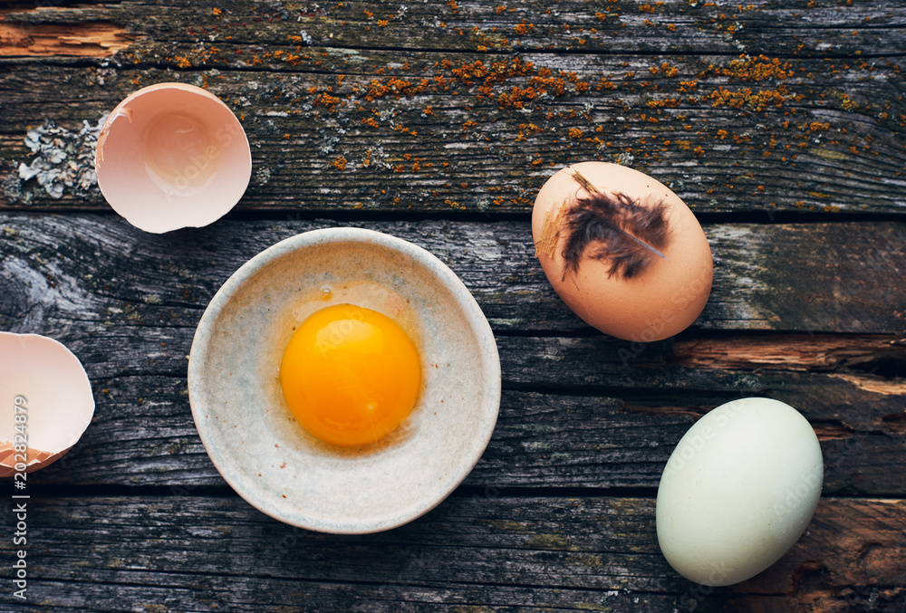 Raw chicken egg yolk in a bowl on a wooden table top view Raw chicken egg yolk in a bowl on a wooden table top view