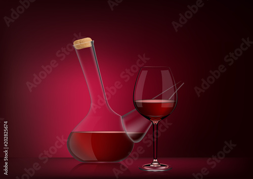 Vector illustration in photorealistic style. The image of a realistic glass transparent national spanish vessel with wine and full glass on red dark background. Serving wine with decanter