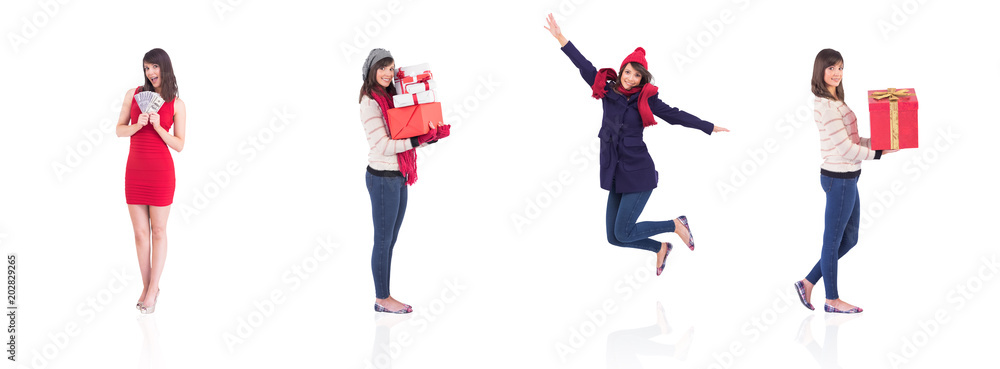 Composite image of smiling woman holding a gift Composite image of smiling woman holding a gift