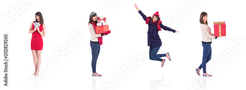 Composite image of smiling woman holding a gift
