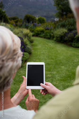 Rear view of senior couple using digital tablet