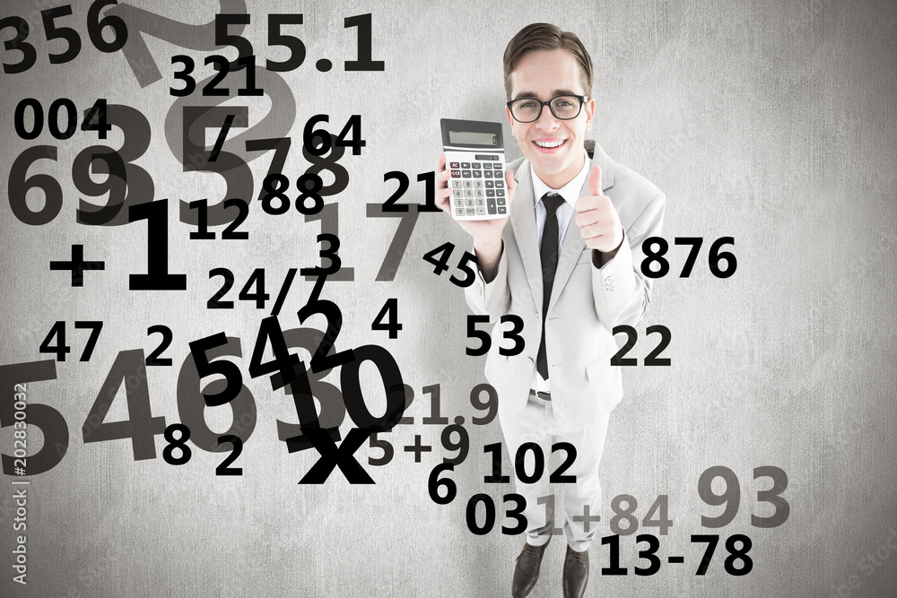 Geeky smiling businessman showing calculator against white background Geeky smiling businessman showing calculator against white background