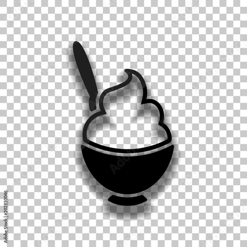 ice cream or porridge in bowl icon. Black glass icon with soft shadow on transparent background © fokas.pokas
