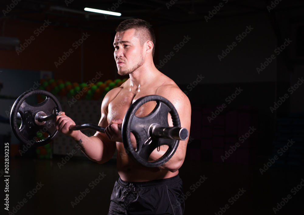 Muscular man working out in gym doing exercises with dumbbells at biceps, strong male naked torso abs. Muscular man working out in gym doing exercises with dumbbells at biceps, strong male naked torso abs.