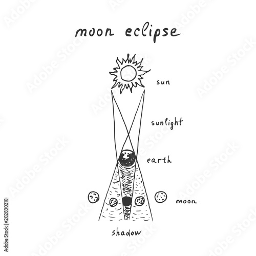 Vector outline of hand drawn lunar eclipse with lettering composition moon eclipse. Sketch moon eclipse on white background