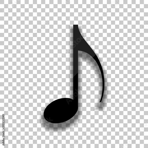 Music note icon. Black glass icon with soft shadow on transparent background
