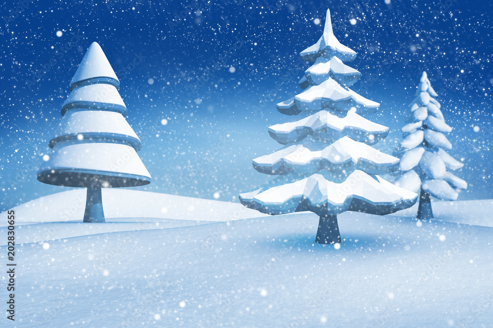 Composite image of fir trees in snowy landscape with snow falling Composite image of fir trees in snowy landscape with snow falling