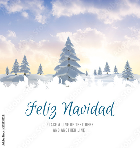 Feliz navidad against snowy landscape with fir trees