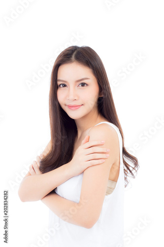 Portrait of beautiful asian woman makeup of cosmetic, beauty of girl with face smile attractive isolated on white background, perfect with wellness and healthcare concept. © N_studio
