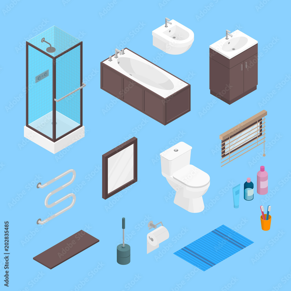 Vector bathroom isometric furniture interior elements set. Lavatory elements and equipment set isolated on plain background