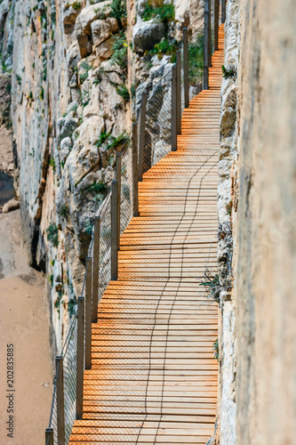 Caminito Del Rey - mountain wooden path along steep cliffs in Andalusia, Spain