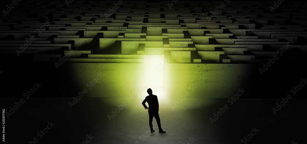 Businessman getting ready to enter the dark labyrinth with illuminated door
Businessman getting ready to enter the dark labyrinth with illuminated door