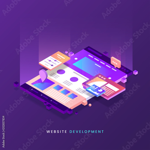 Website development vector illustration. Colorful Web page isometric icon. Modern landing page. Site building. Eps 10.