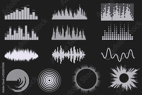 Sound digital equalizer set. Audio digital equalizer technology. Music soundwave icons. Classic, round and creative shapes. Isolated on black background. Element for your design. Vector eps 10.