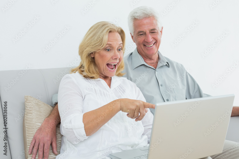 Cheerful senior couple using laptop at house Cheerful senior couple using laptop at house