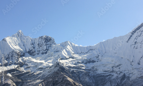 Annapurna Mountain Range covered with snow from the base camp in Nepal. Summit, peaks, challenge concept