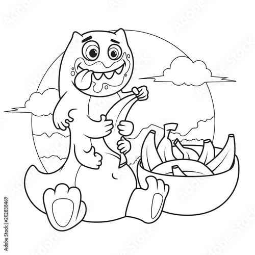 Funny green monster is eating bananas. Coloring book page. Line Art