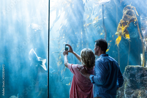 Couple taking photo of fish in the tank  photo