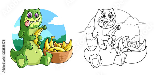 Funny green monster is eating bananas. Colored Illustration and Line Art. Coloring book page with an example