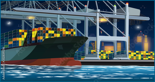 Loading containers in the port at night